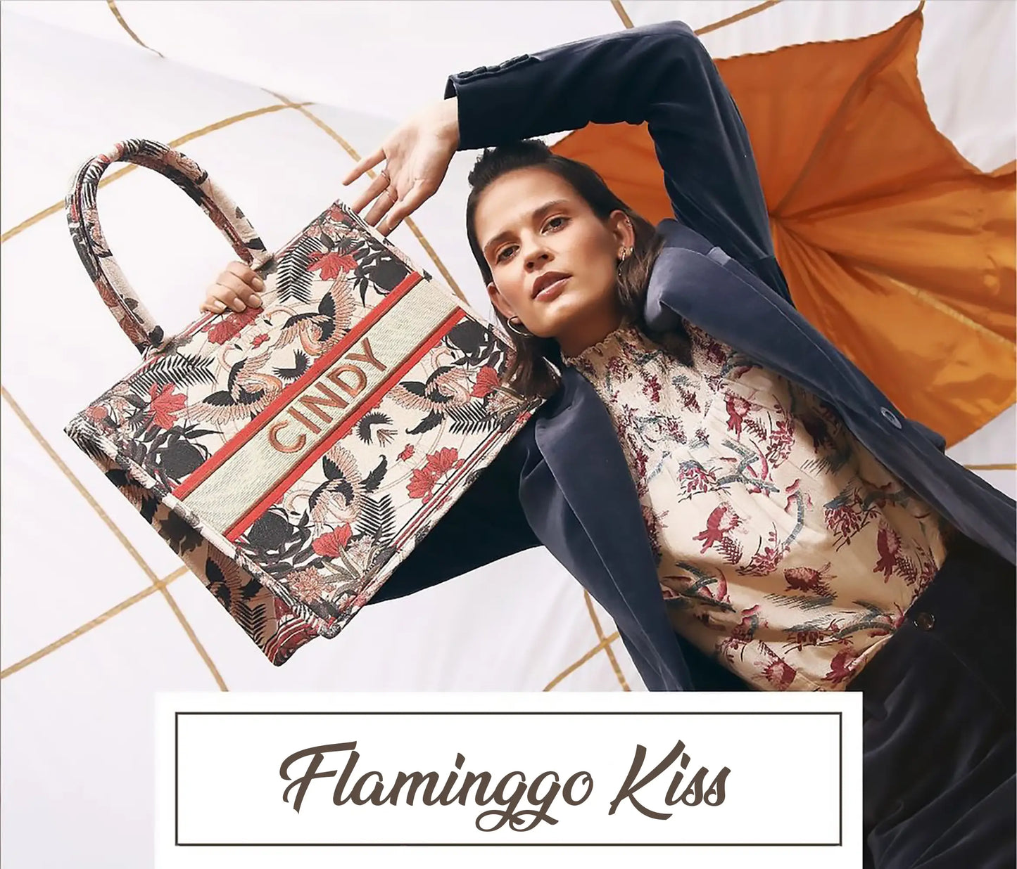 Flamingo Kiss Personalized Canvas Book Tote with Custom Embroidered Name