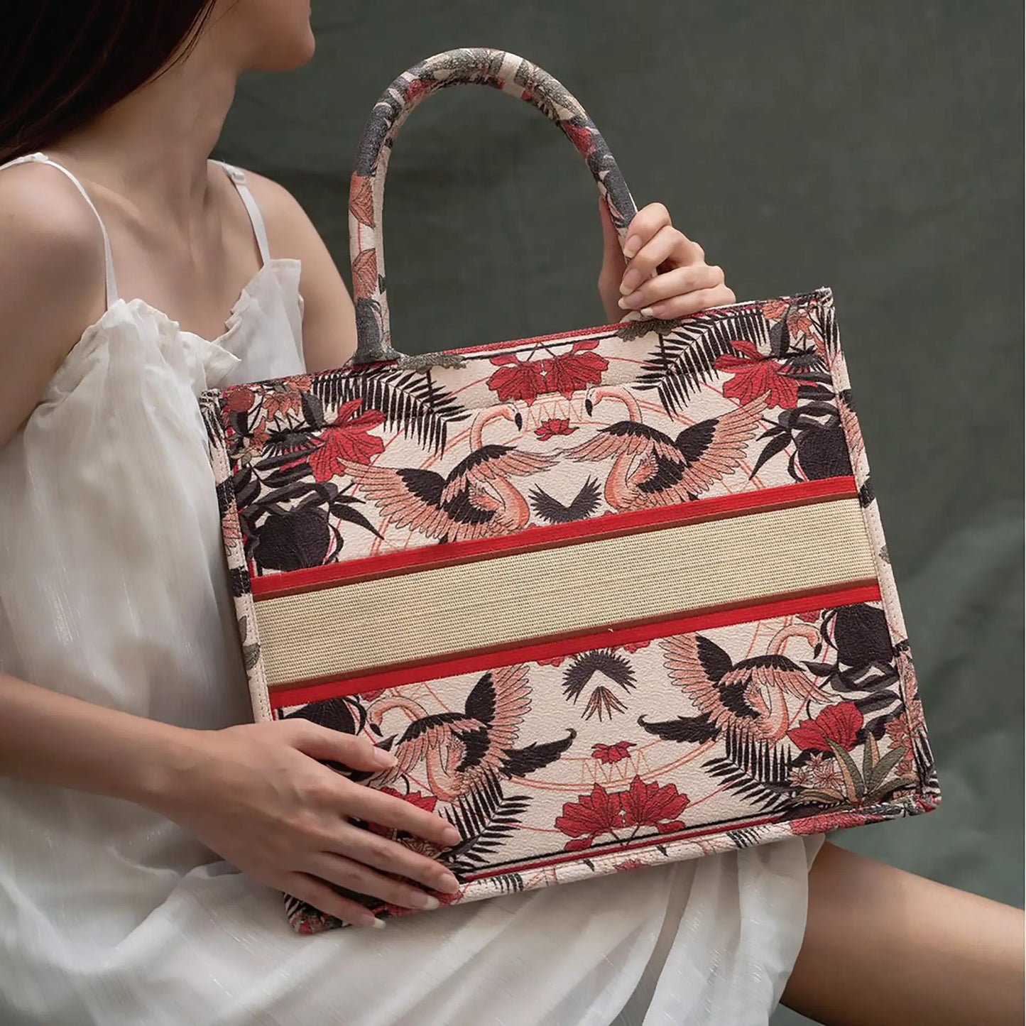 Flamingo Kiss Personalized Canvas Book Tote with Custom Embroidered Name