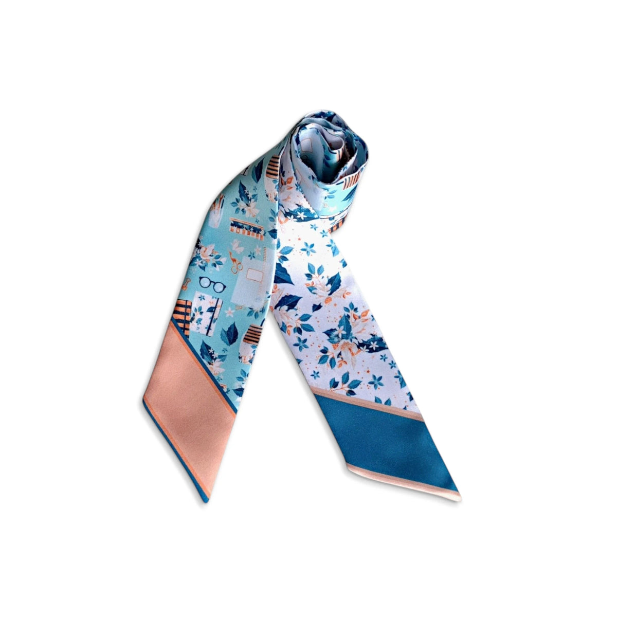 Personalized skinny bag scarf with colourful study and stationery motifs, floral details, and contrasting blue and peach ends.
