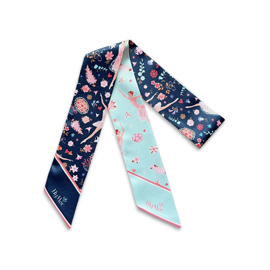 Whimsical ballet handbag scarf with dancing ballerinas, colourful floral motifs, hearts, and contrasting aqua and navy patterns.