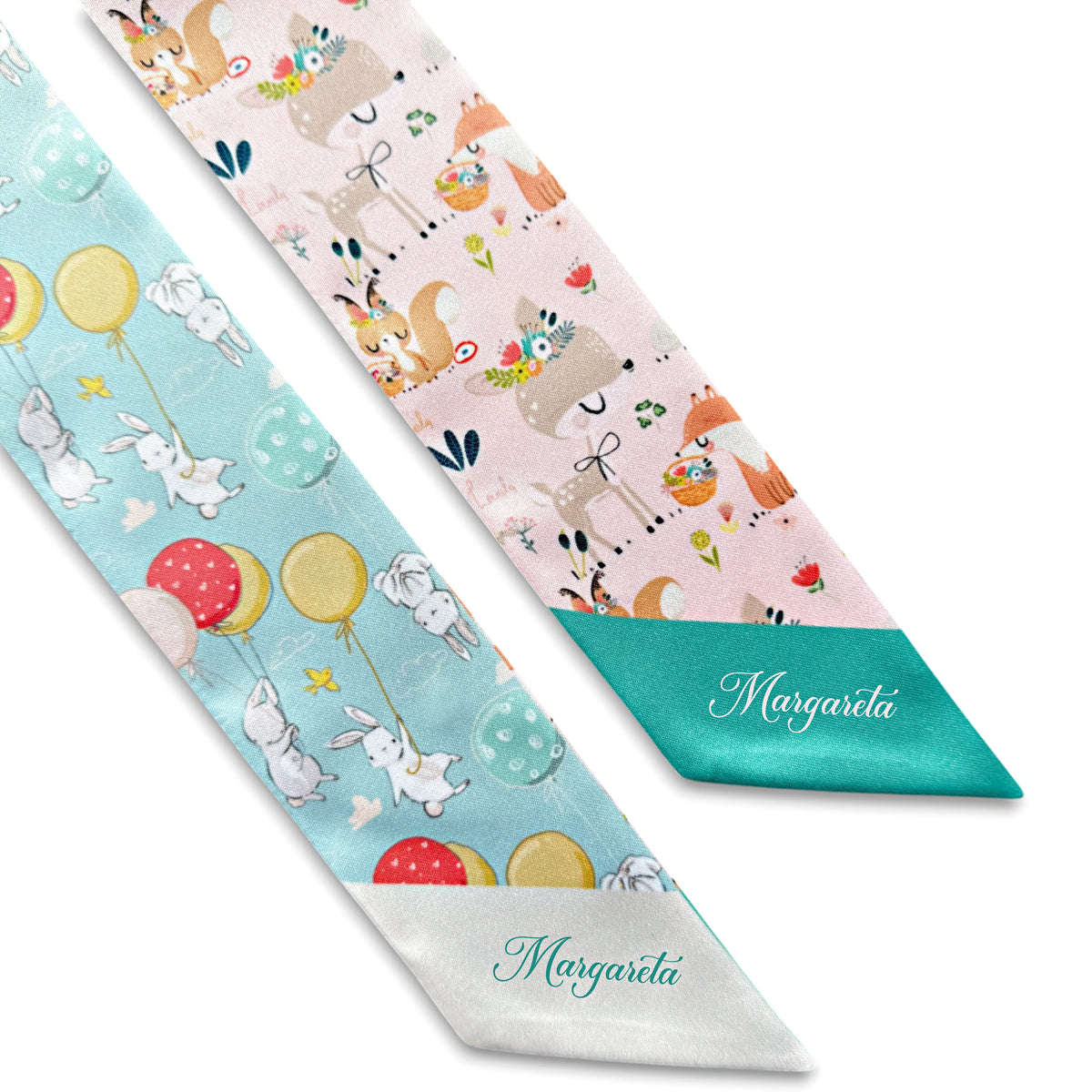 Cute personalized skinny bag scarf featuring rabbits, deer, squirrels, floral details, and colourful balloons in cheerful pastel tones.