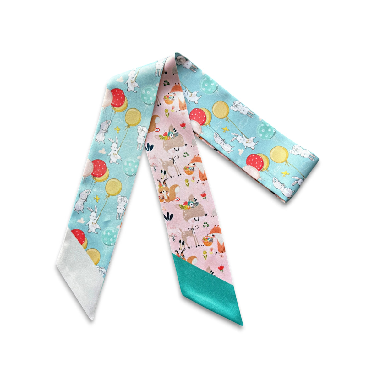 Pastel handbag scarf with cute bunny illustrations, woodland creatures, balloons, flowers, and contrasting pink and turquoise patterns.