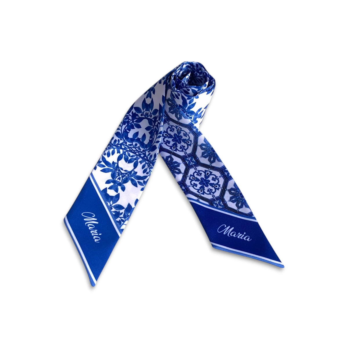 Cobalt blue and white Personalized Chinoiserie twilly scarf featuring classic porcelain-inspired botanical motifs