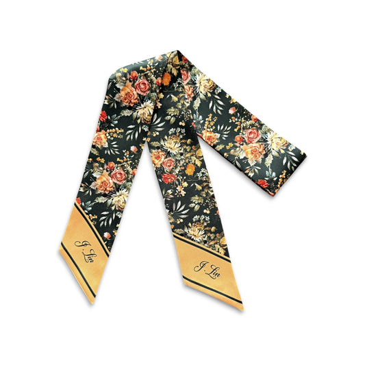 Dark floral skinny scarf with romantic rose bouquets, delicate wildflowers, and golden yellow pointed ends personalized with a name.