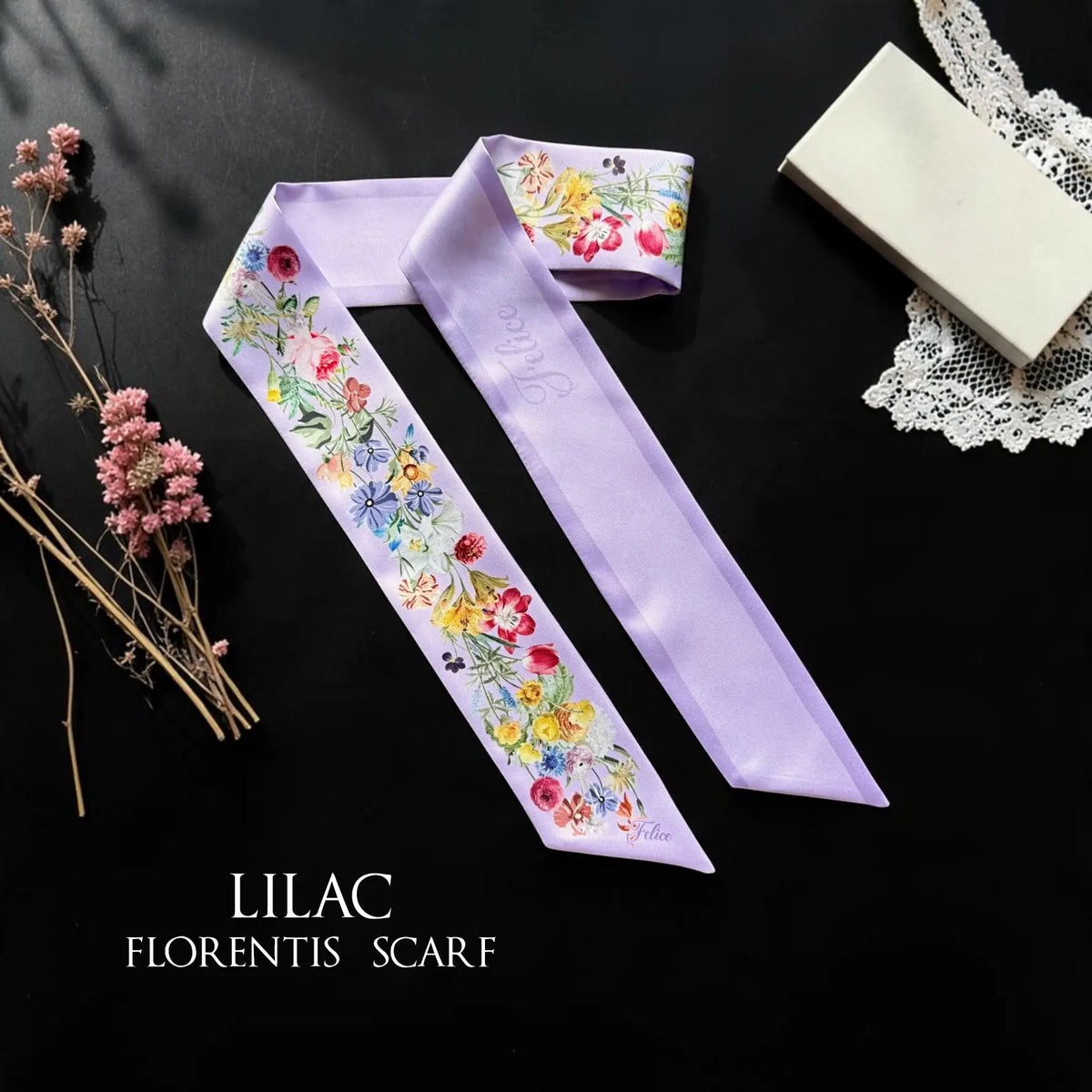 Lilac personalised twilly scarf featuring colourful watercolour wildflowers, a soft lavender reverse side, and delicate floral details.