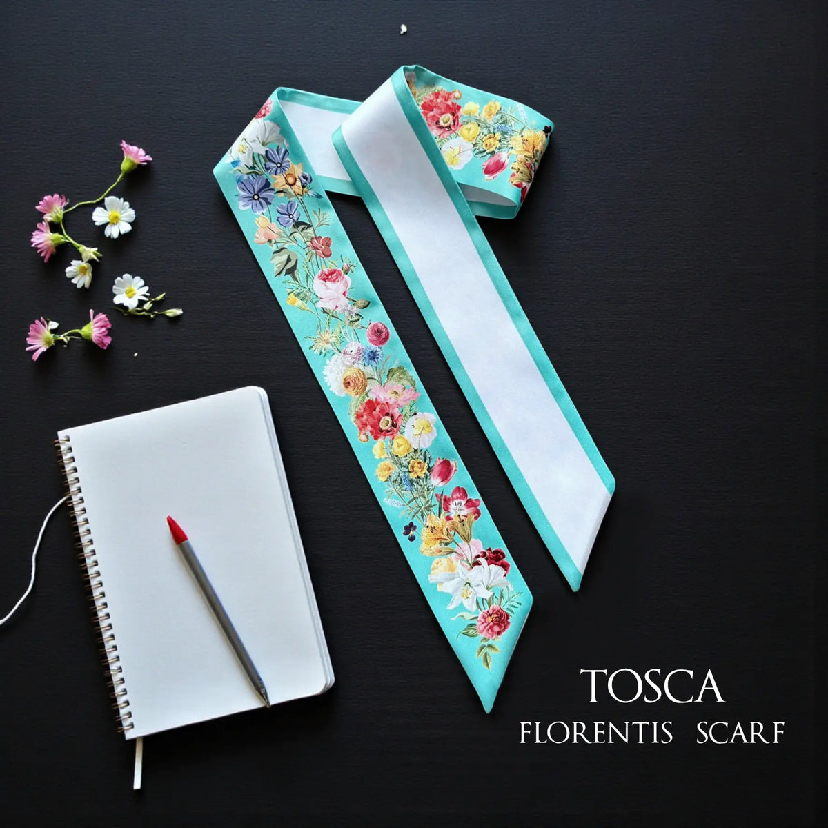 Turquoise personalised twilly scarf featuring vibrant watercolour wildflowers, soft turquoise edging, and custom name lettering.