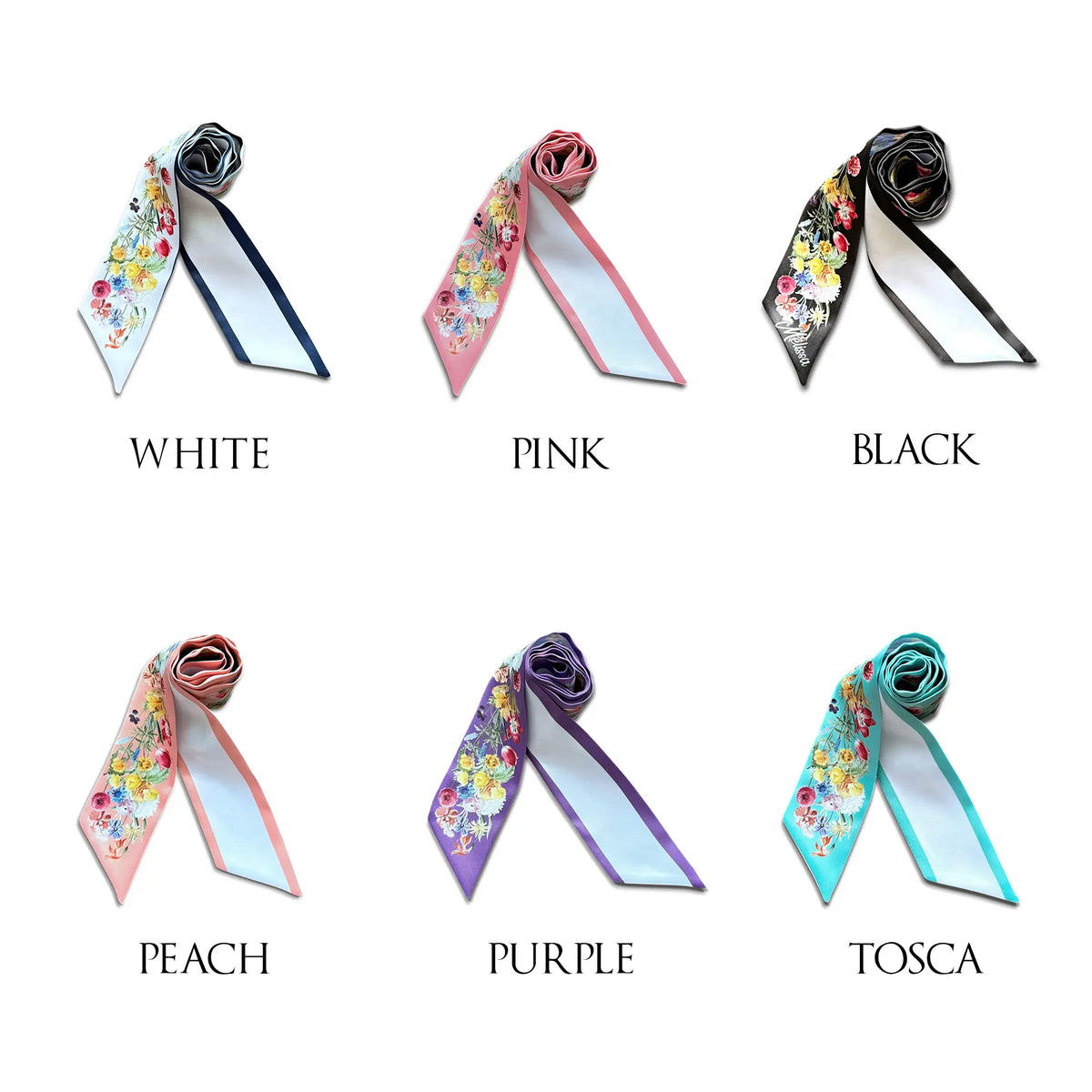 Collection of six floral skinny scarves featuring colourful watercolour botanical patterns, personalised names, and different background colours.