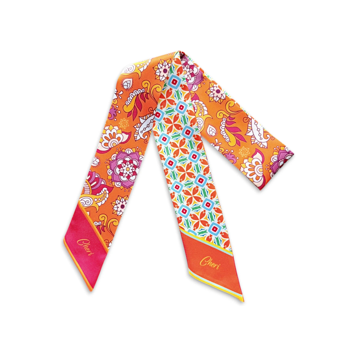 Colorful skinny scarf featuring intricate mandala-style floral motifs, swirling paisley details, and bright orange and pink tones with personalized pointed ends.