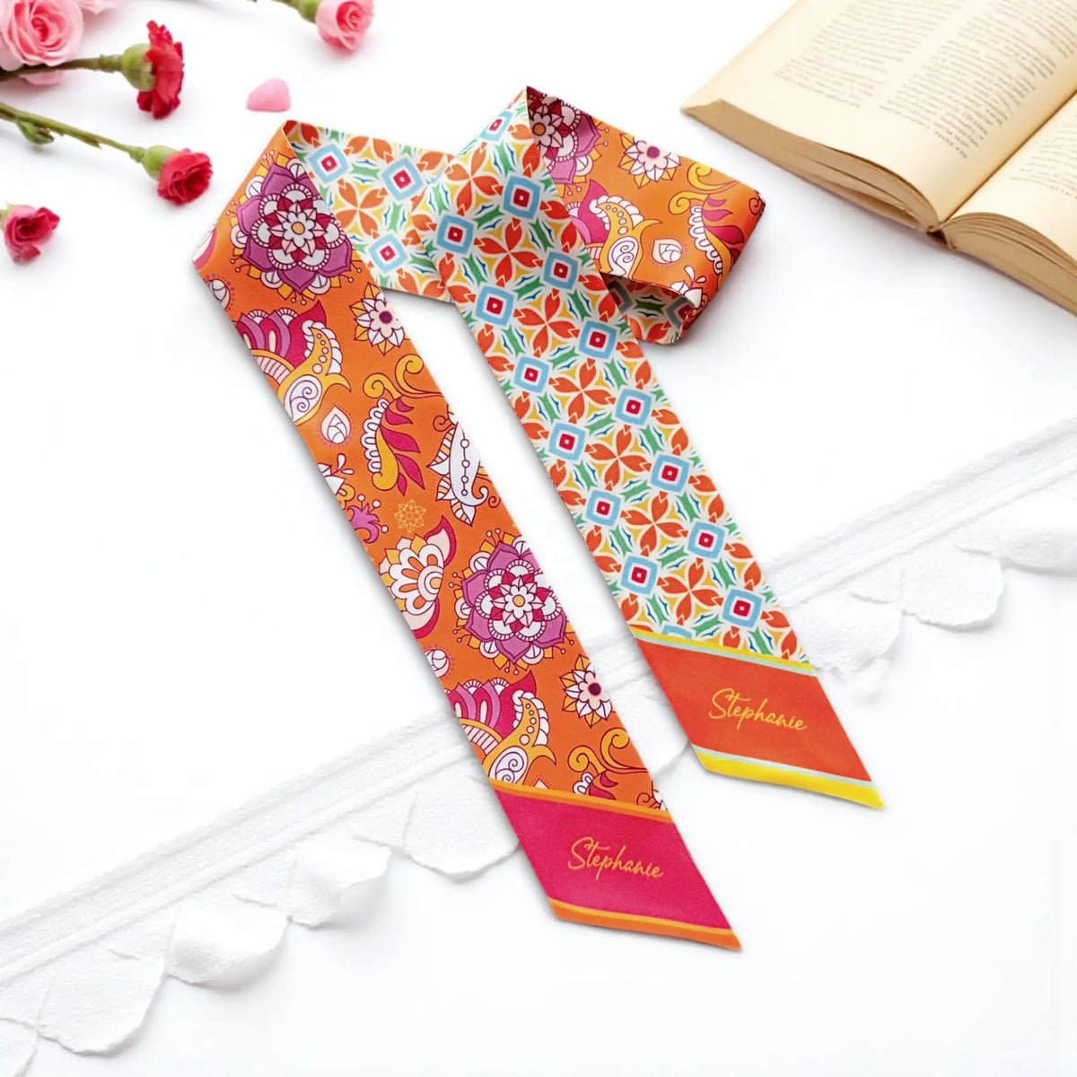 Personalized boho floral twilly scarf featuring vibrant orange, pink, and turquoise mandala-inspired flowers, geometric patterns, and custom name details.