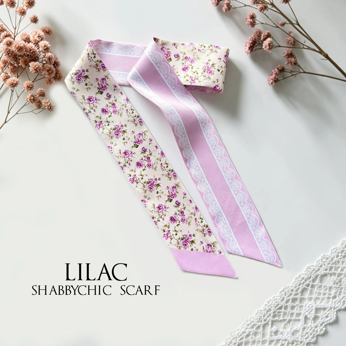 Floral handbag scarf with romantic vintage flower print for decorating purse and bag handles.