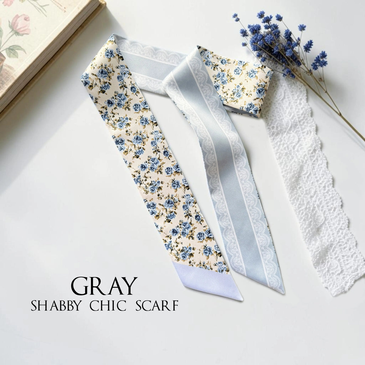 Cottagecore floral bag scarf featuring delicate roses and small flowers in soft pastel colours