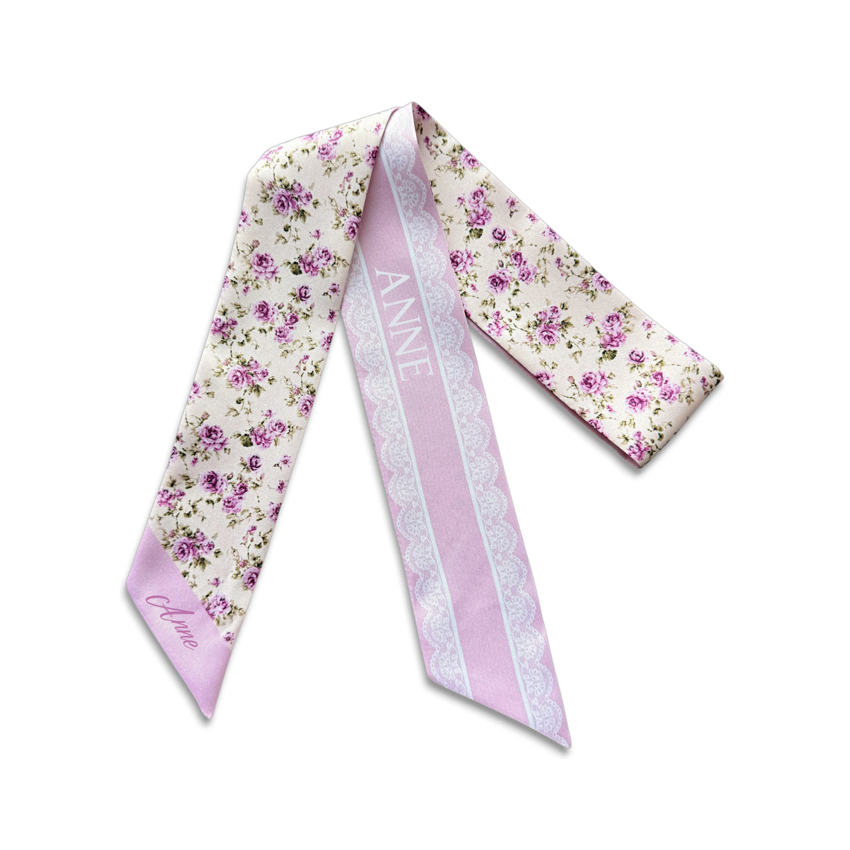 Pastel floral skinny scarf for women styled as a hair scarf, neck scarf, or wrist accessory