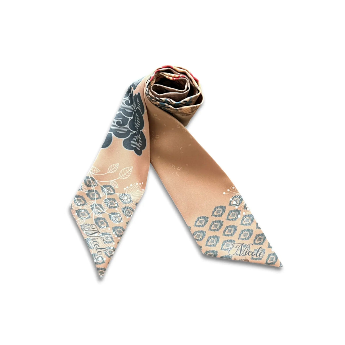 Feminine personalized gift twilly scarf featuring oriental floral print in soft neutral colours
