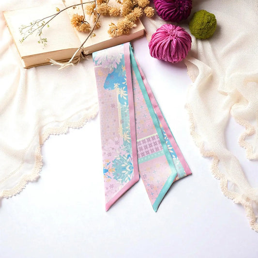 Pastel twilly scarf with soft floral and geometric micro pattern in pink and tosca tones