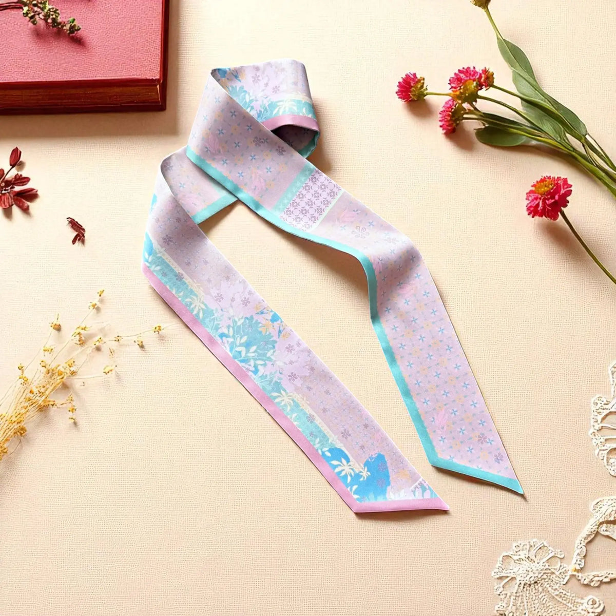 Amethyst twilly scarf in soft pastel tones with delicate floral and geometric pattern, elegant skinny scarf for handbag styling