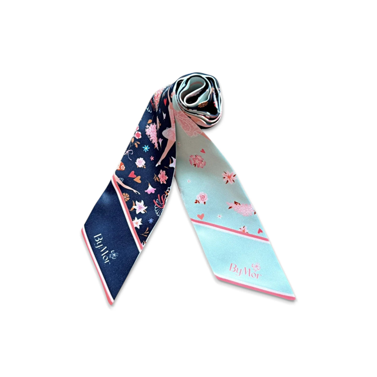 Elegant purse scarf featuring ballerina illustrations and romantic floral details on contrasting navy blue and soft aqua backgrounds.