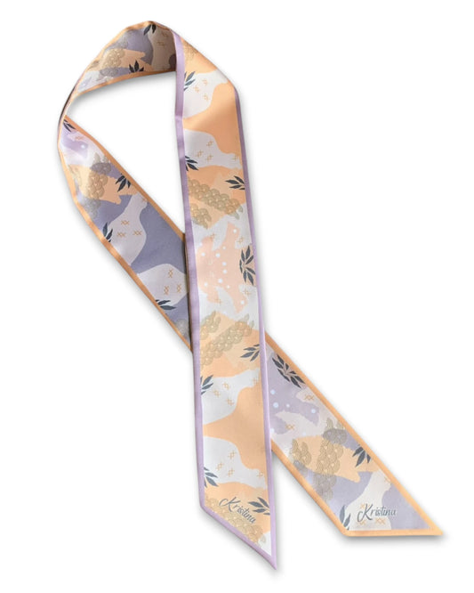 Video showing twilly scarf with abstract botanical design in beige and gray colors