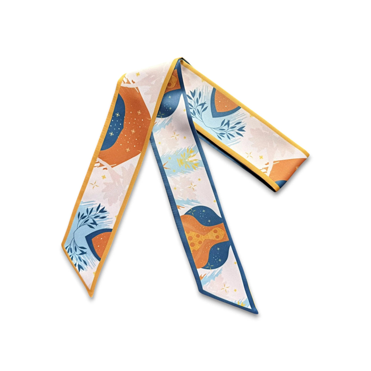 Handmade handbag scarf featuring modern abstract shapes, navy blue leaves, warm orange accents, and soft pastel details on a light pink background.