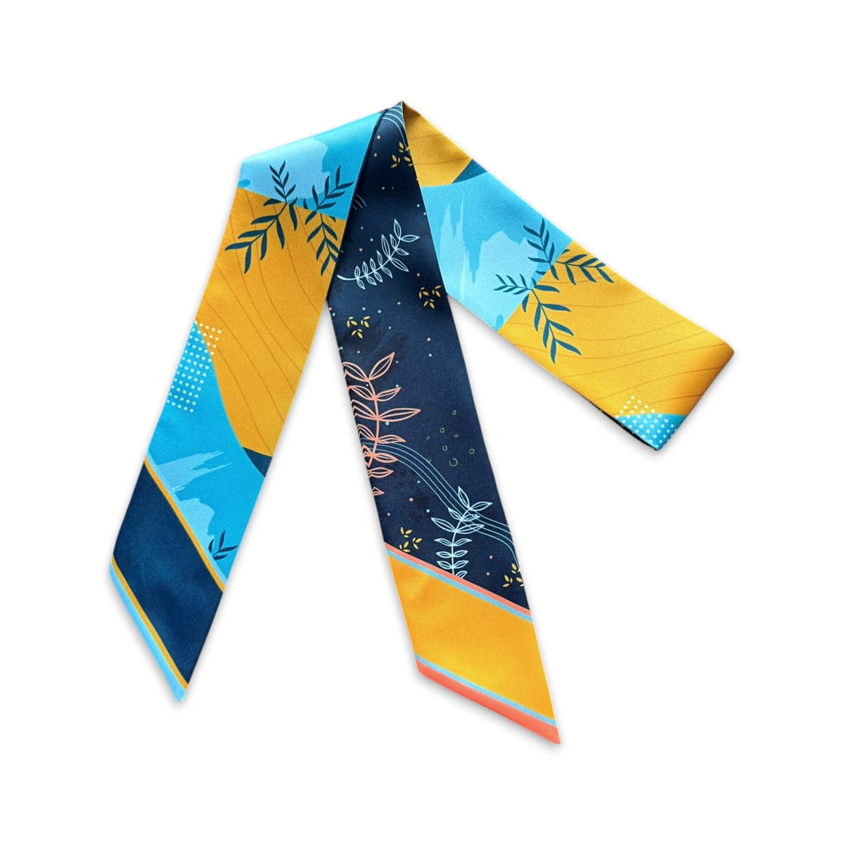 Skinny twilly scarf featuring abstract botanical leaves, geometric color blocks in navy blue, turquoise, and mustard yellow, with custom name lettering.