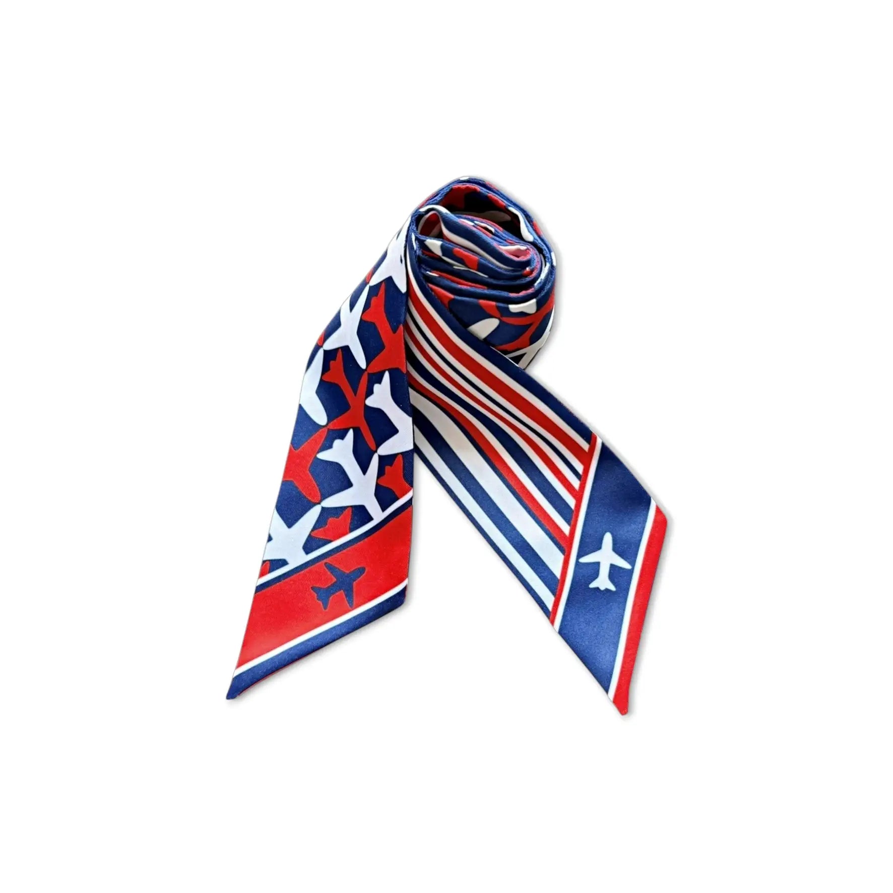 Stylish twilly scarf with aviation-themed print and geometric stripes in vibrant red and navy tones
