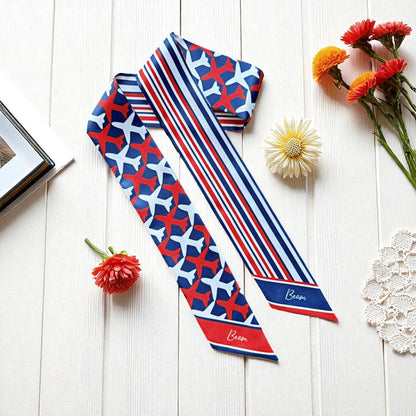 Twilly scarf with airplane and striped pattern in red, white and blue travel-inspired design