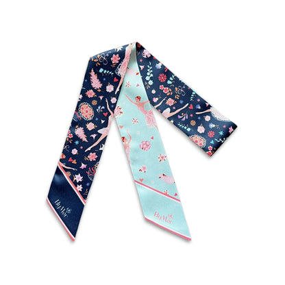 Whimsical ballet handbag scarf with dancing ballerinas, colourful floral motifs, hearts, and contrasting aqua and navy patterns.