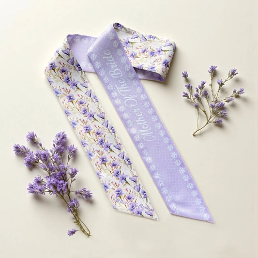 Personalized lavender floral twilly scarf with delicate bellflowers and Mother of the Bride text
