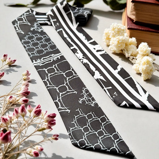 Elegant black and white handbag scarf featuring a geometric design and bold striped pattern, displayed with decorative flowers.