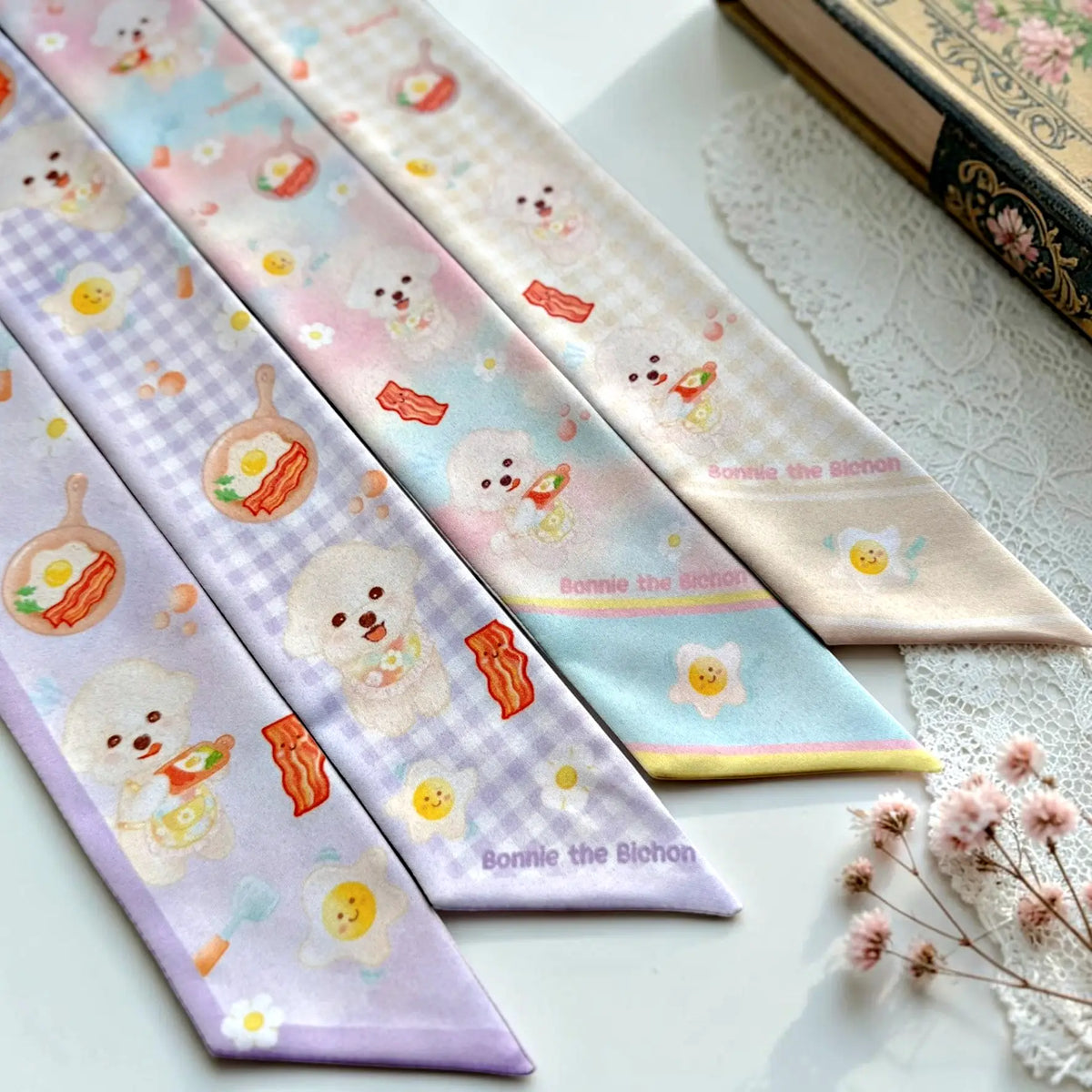 Bichon dog breakfast twilly scarves in lavender, pastel blue and cream colour options