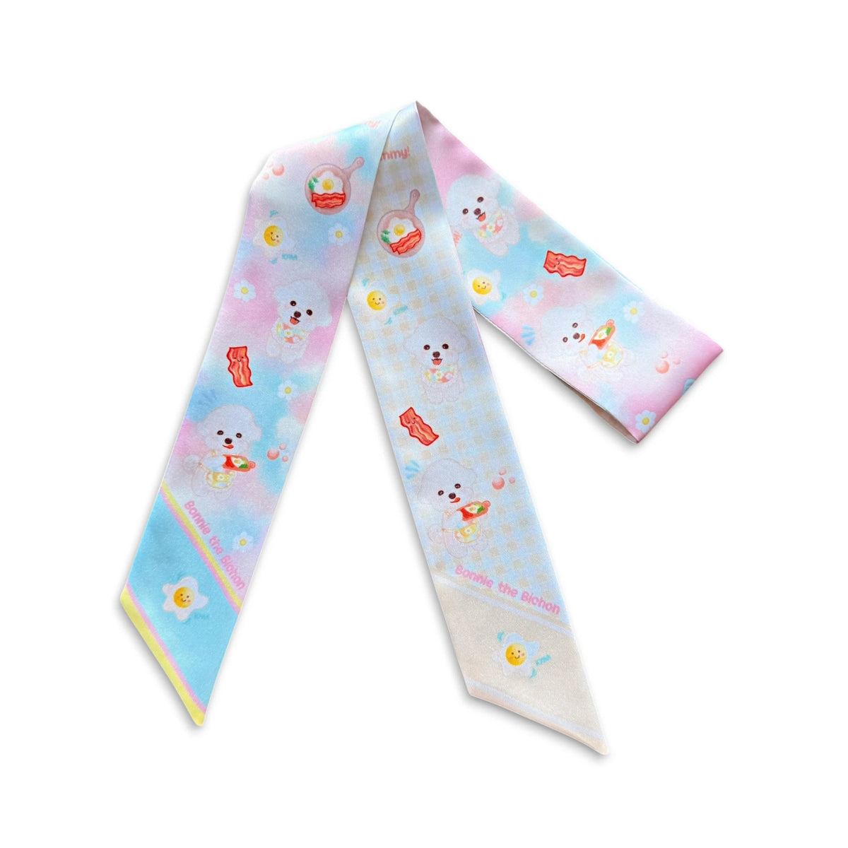 Bichon dog novelty twilly scarf with pastel breakfast motifs displayed on a white background