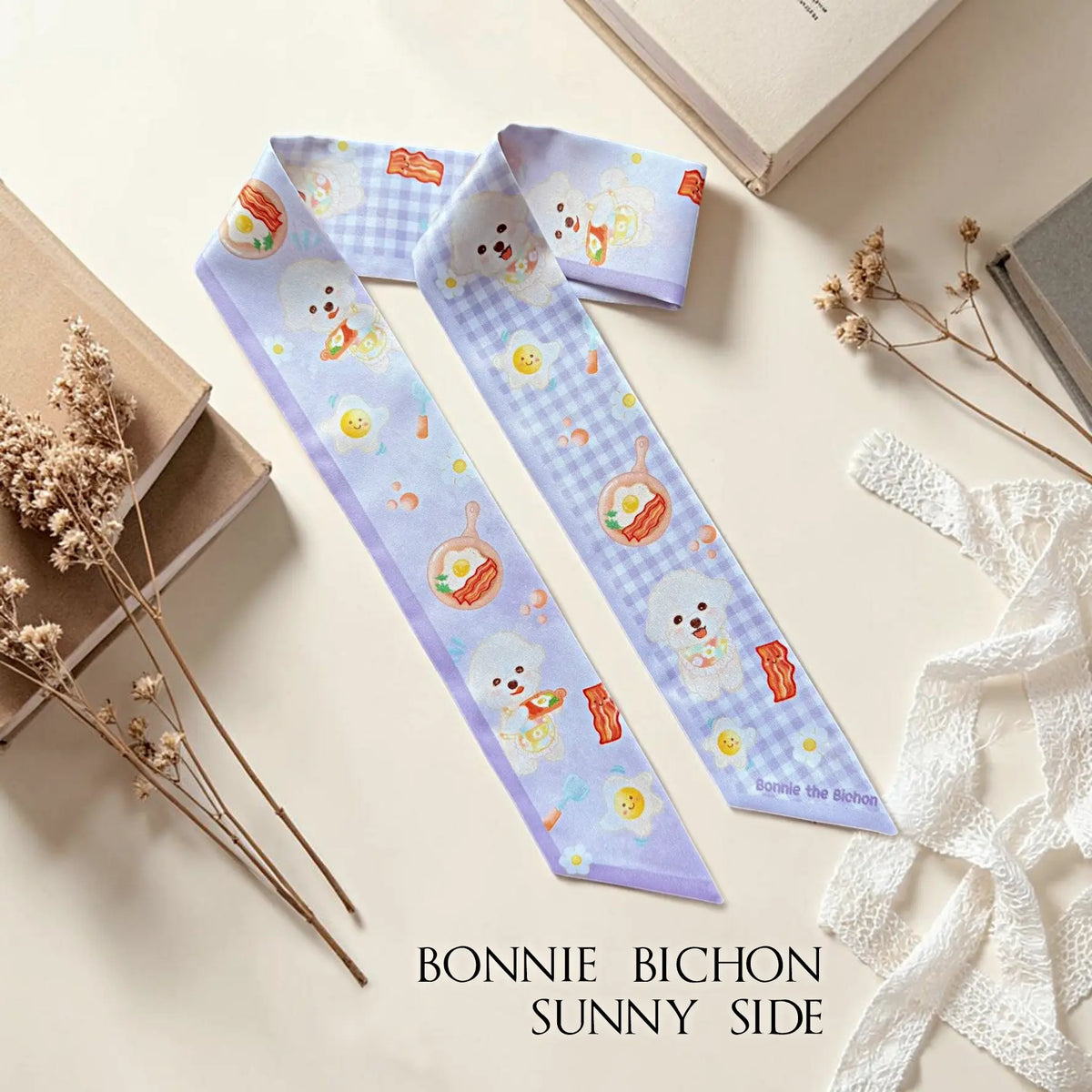Lavender Bichon dog twilly scarf with sunny-side-up egg, bacon and breakfast illustrations