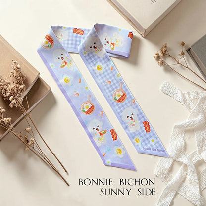 Lavender Bichon dog twilly scarf with sunny-side-up egg, bacon and breakfast illustrations