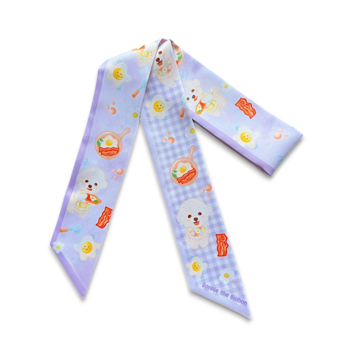 Lavender Bichon twilly scarf featuring playful dog and breakfast motifs on a gingham pattern