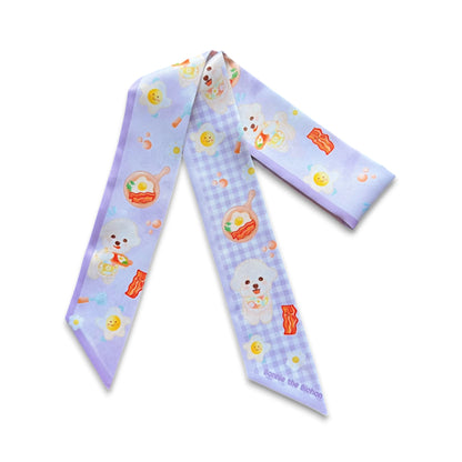 Lavender Bichon twilly scarf featuring playful dog and breakfast motifs on a gingham pattern