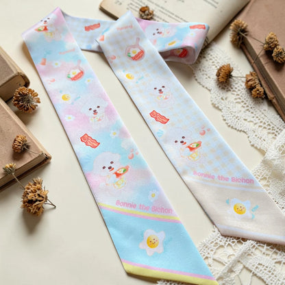 Pastel Bichon skinny scarf featuring cute dog, bacon, egg and breakfast illustrations