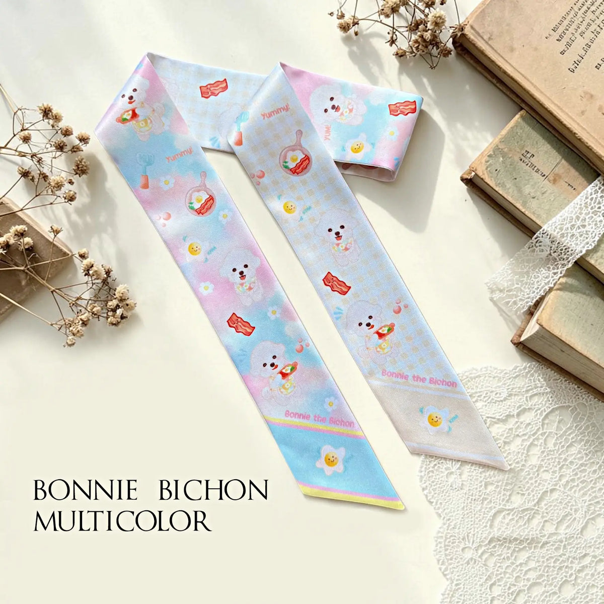 Pastel blue Bichon dog twilly scarf featuring fried eggs, bacon and playful breakfast illustrations