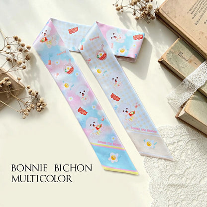 Pastel blue Bichon dog twilly scarf featuring fried eggs, bacon and playful breakfast illustrations