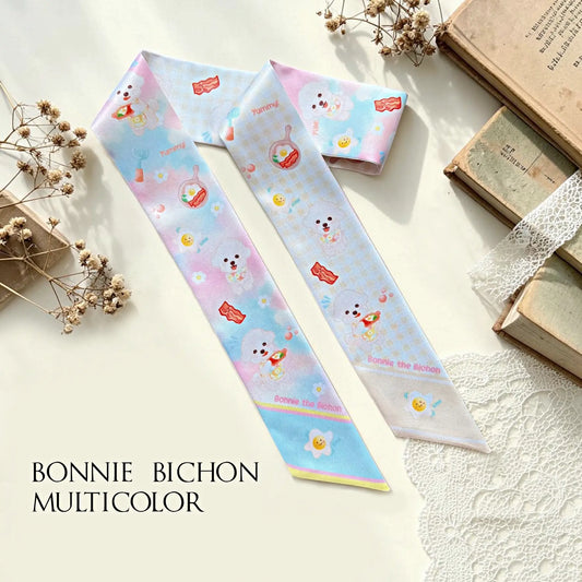 Pastel blue Bichon dog twilly scarf featuring fried eggs, bacon and playful breakfast illustrations