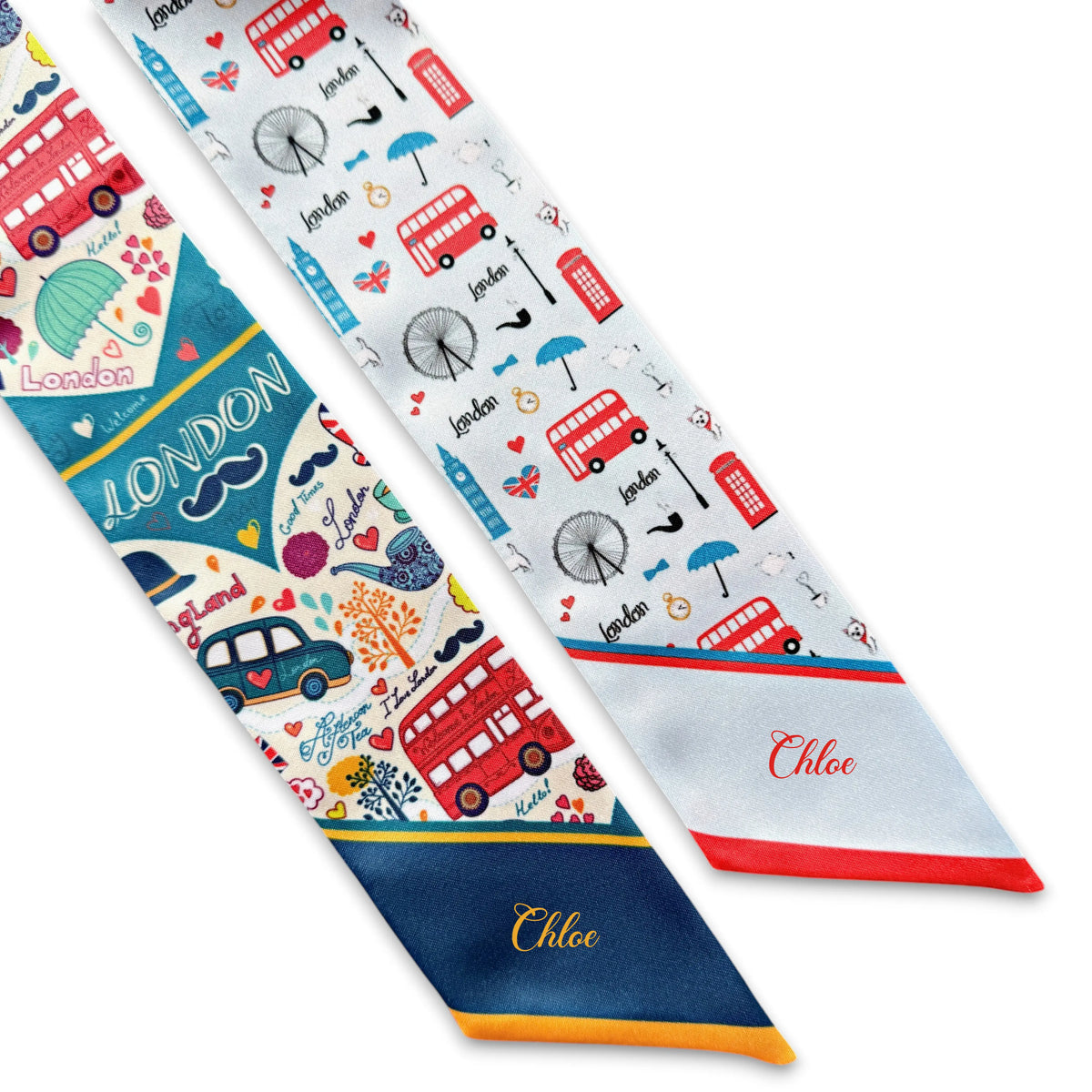 London-inspired twilly scarf showcasing detailed illustrations of Big Ben, the London Eye, red telephone booths, umbrellas, and double-decker buses.