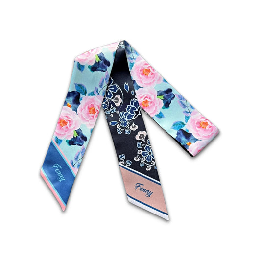Blue and pink floral twilly bag scarf featuring soft watercolour flowers and navy motifs