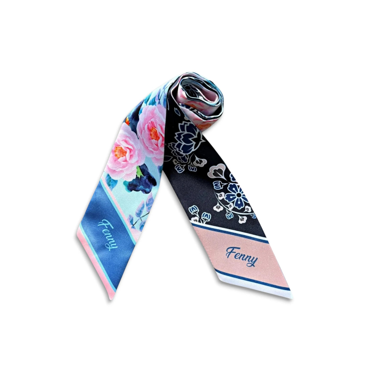 Romantic watercolour floral bag scarf featuring blush pink flowers and blue botanical details