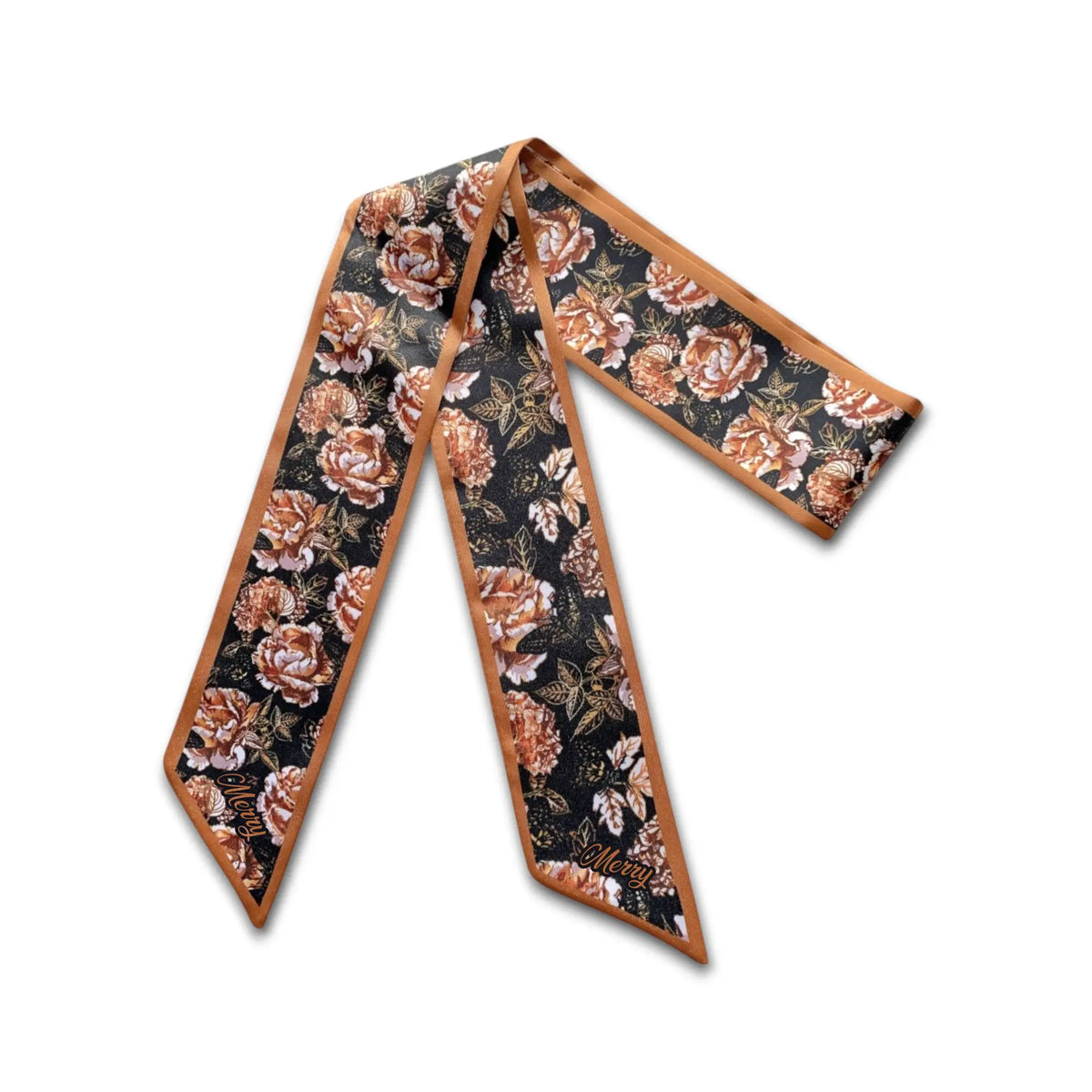 Full view of black floral twilly scarf with vintage roses in warm rust, terracotta and cream tones