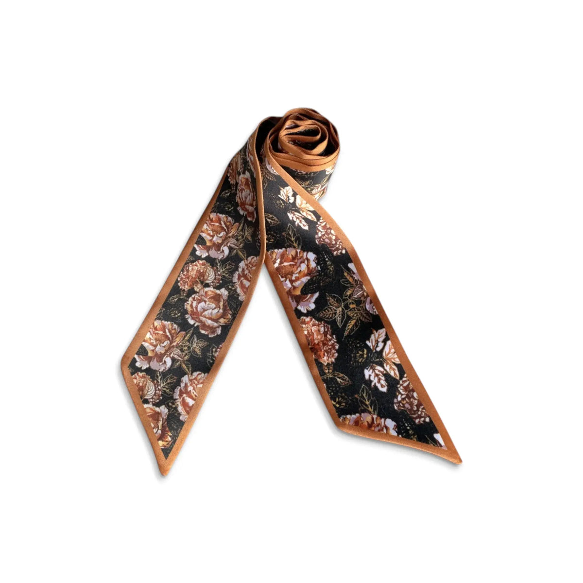 Rolled vintage floral twilly scarf featuring dark botanical roses in black, rust and warm brown tones