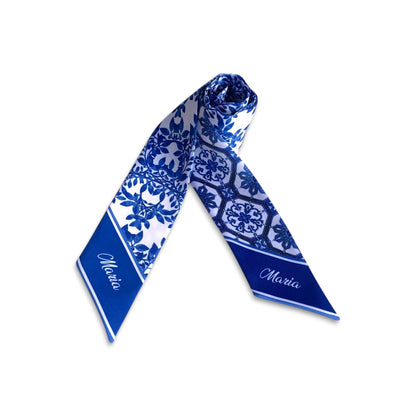 Cobalt blue and white Personalized Chinoiserie twilly scarf featuring classic porcelain-inspired botanical motifs