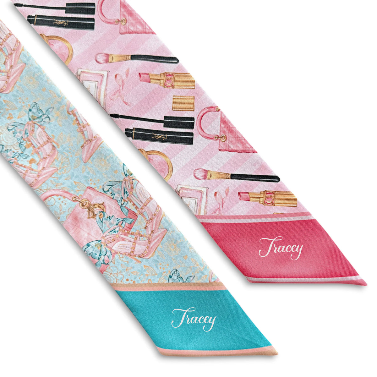 Close-up of a personalised twilly scarf with the name Tracey elegantly printed in white script on a pink or turquoise pointed end.