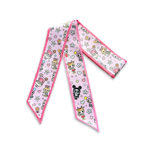 Pink satin twilly scarf featuring adorable kawaii cartoon characters, colourful stars, hearts, and playful illustrations, finished with bright pink borders.