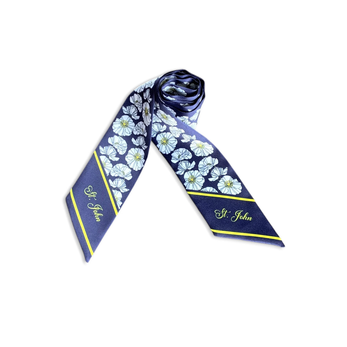 Long navy blue twilly scarf with delicate white floral patterns and personalized ends, displayed on a light background with vintage floral styling.