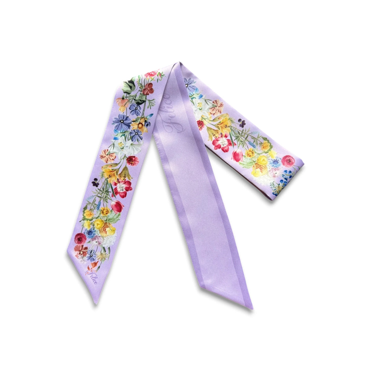 Lilac personalized floral twilly scarf displayed on a clean white background, featuring colourful watercolour wildflowers and a lavender reverse side.