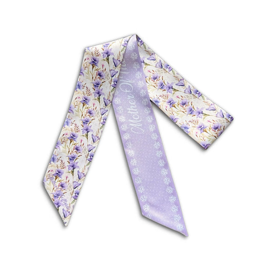 Lavender bellflower twilly scarf with floral and lilac patterned sides on a white background