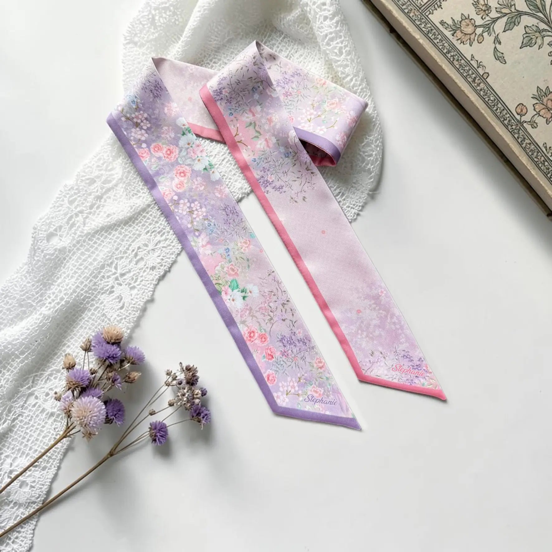 Personalized lilac and pink floral handbag scarf 